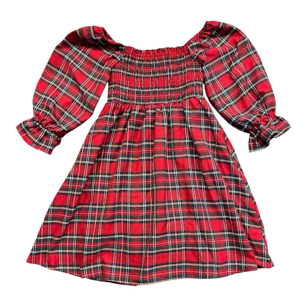Simply Southern Girls Red Plaid Smocked Holiday Dress Puff Sleeve Girls Large